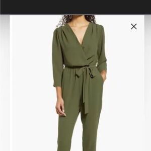 Long sleeve Tie  belted jumpsuit  in olive green 
New with tags